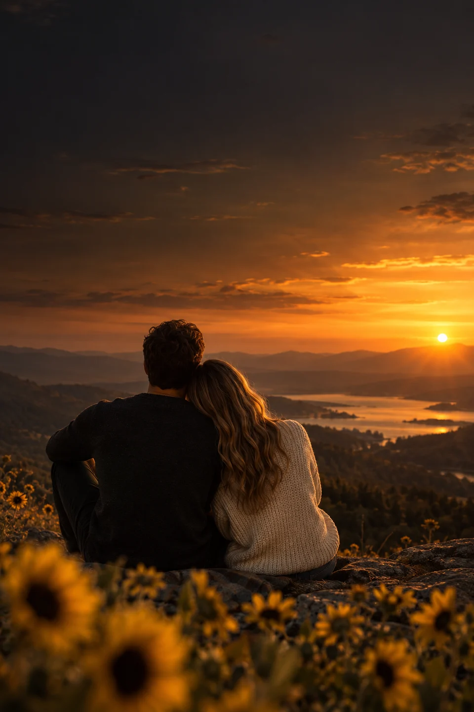 Una pareja de espaldas, abrazada frente al atardecer, rodeada de girasoles